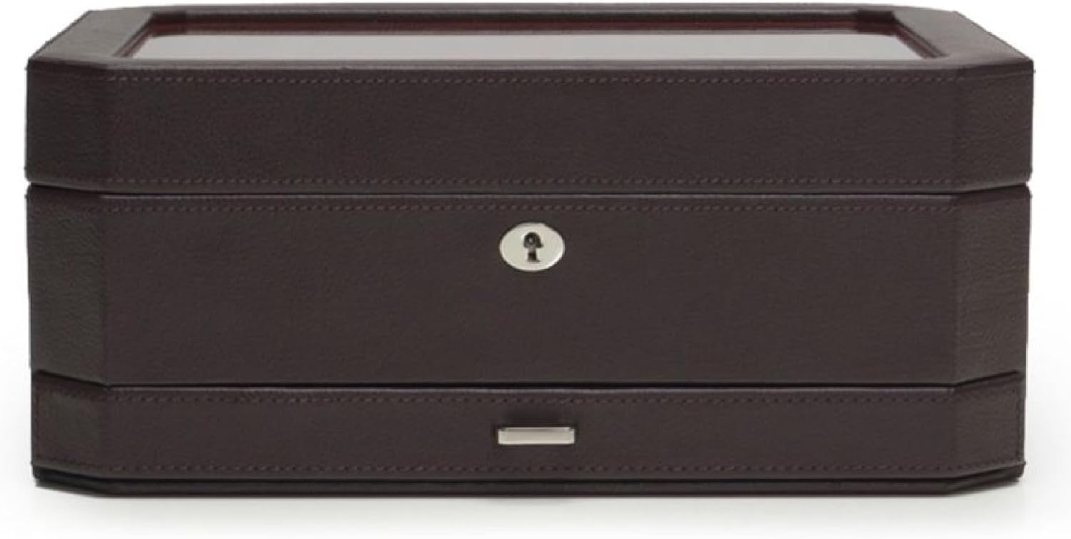 WOLF Windsor 10-Piece Watch Box with Drawer, Brown/Orange - Features 10 Watch Compartments, Eight Ring Rolls & 17 Jewelry Compartments - Vegan Leather Exterior