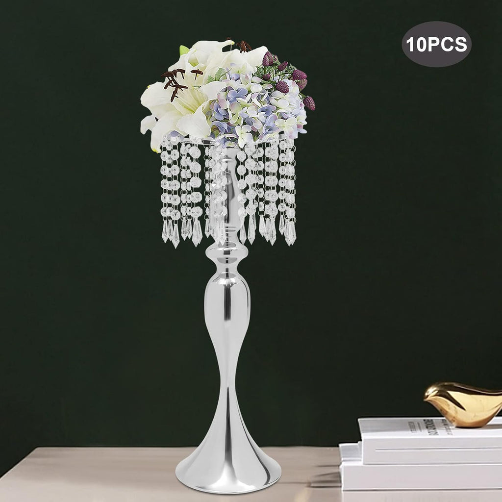 Silver Crystal Flower Stand Wedding Centerpieces for Tables, 10 Pcs Road Lead Tall Flower Holders Metal Flower Vase for Reception Tables Wedding Supplies Party Reception Dining Room, 21.3'H
