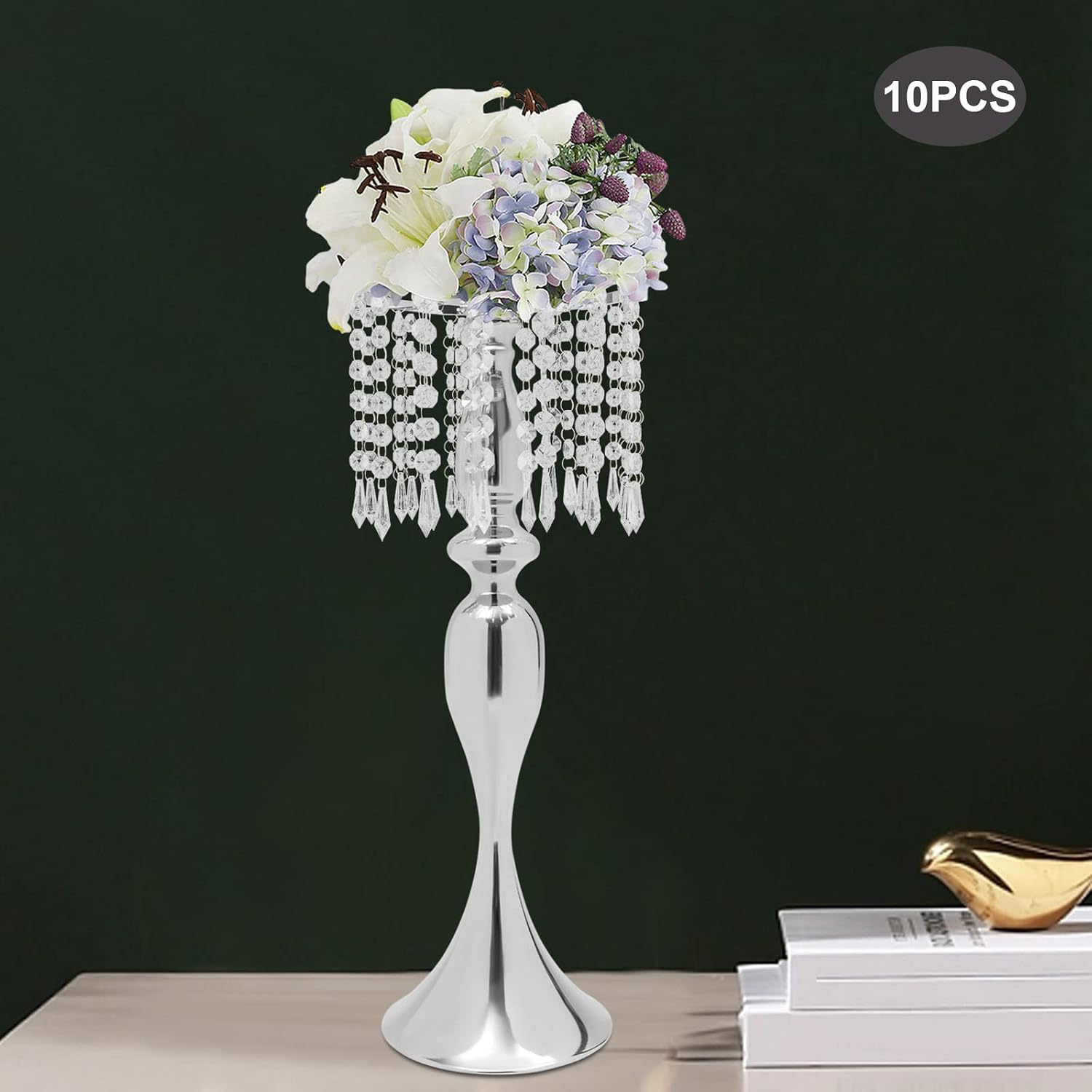 Silver Crystal Flower Stand Wedding Centerpieces for Tables, 10 Pcs Road Lead Tall Flower Holders Metal Flower Vase for Reception Tables Wedding Supplies Party Reception Dining Room, 21.3'H