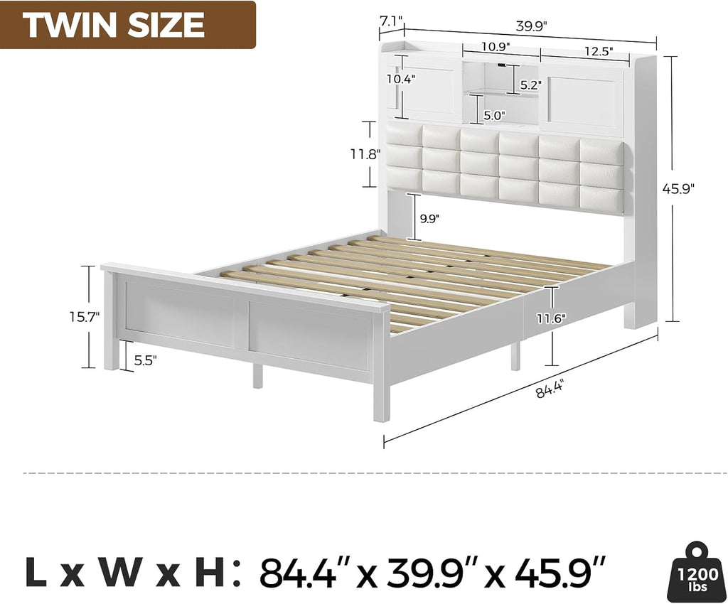 Rolanstar Bed Frame Twin Size with Charging Station, Bookcase Headboard Bed with LED Light and Sliding Doors, Platform Bed with Wooden Slats, No Box Spring Needed, Noise Free, White