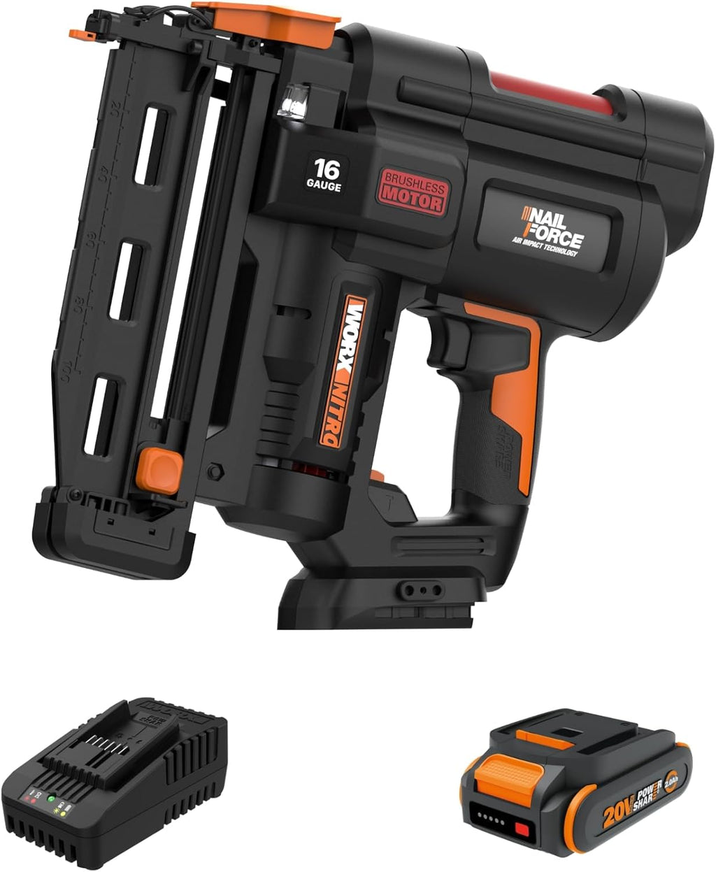 Worx Nitro 20V 16GA Finish Nailer Cordless 70 Nails/Min Sinks Up to 2-1/2', Compact Cordless Nail Gun w/Tool-Free Jam Release, Brushless Nail Gun Battery Powered WX841L – Battery & Charger Included
