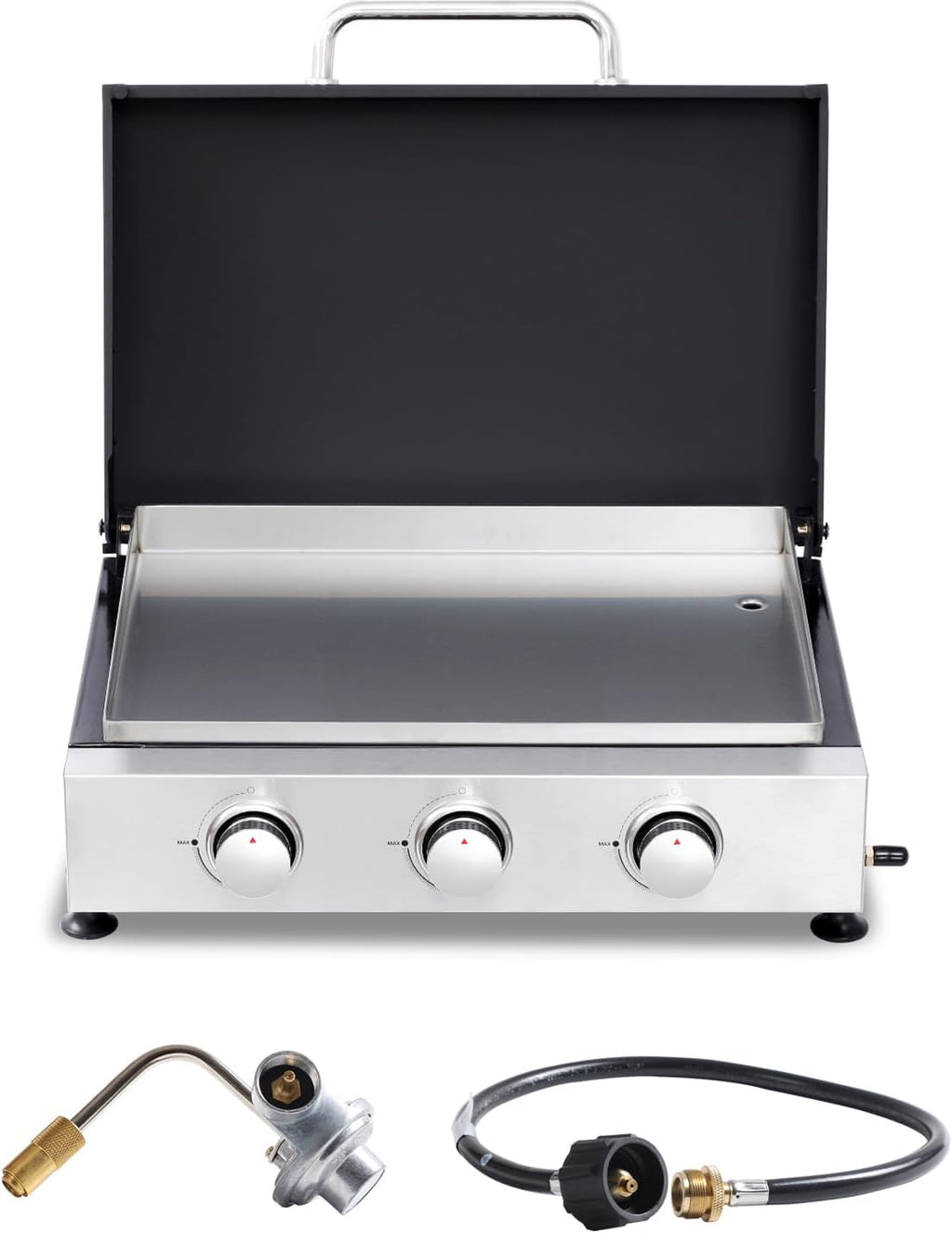 22' Flat Top Grill with Lid, 3 Burner Portable Gas Griddle for Outdoor, BBQ, Camping, Backyard & Tailgating Barbecue, 30,000 BTU Tabletop Propane Griddle 322 Sq. In.