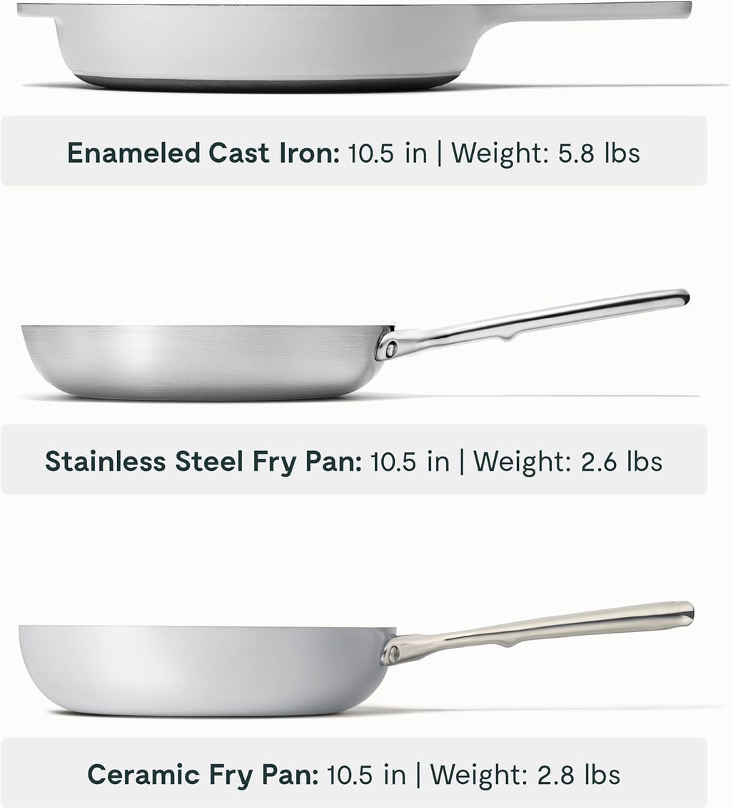 Caraway Fry Pan Sampler Bundle - 10.5' Non-Stick Ceramic Frying Pan, 10.5' Stainless Steel Fry Pan, 10.5' Enameled Cast Iron Skillet - Non Toxic, Oven Safe - Gray