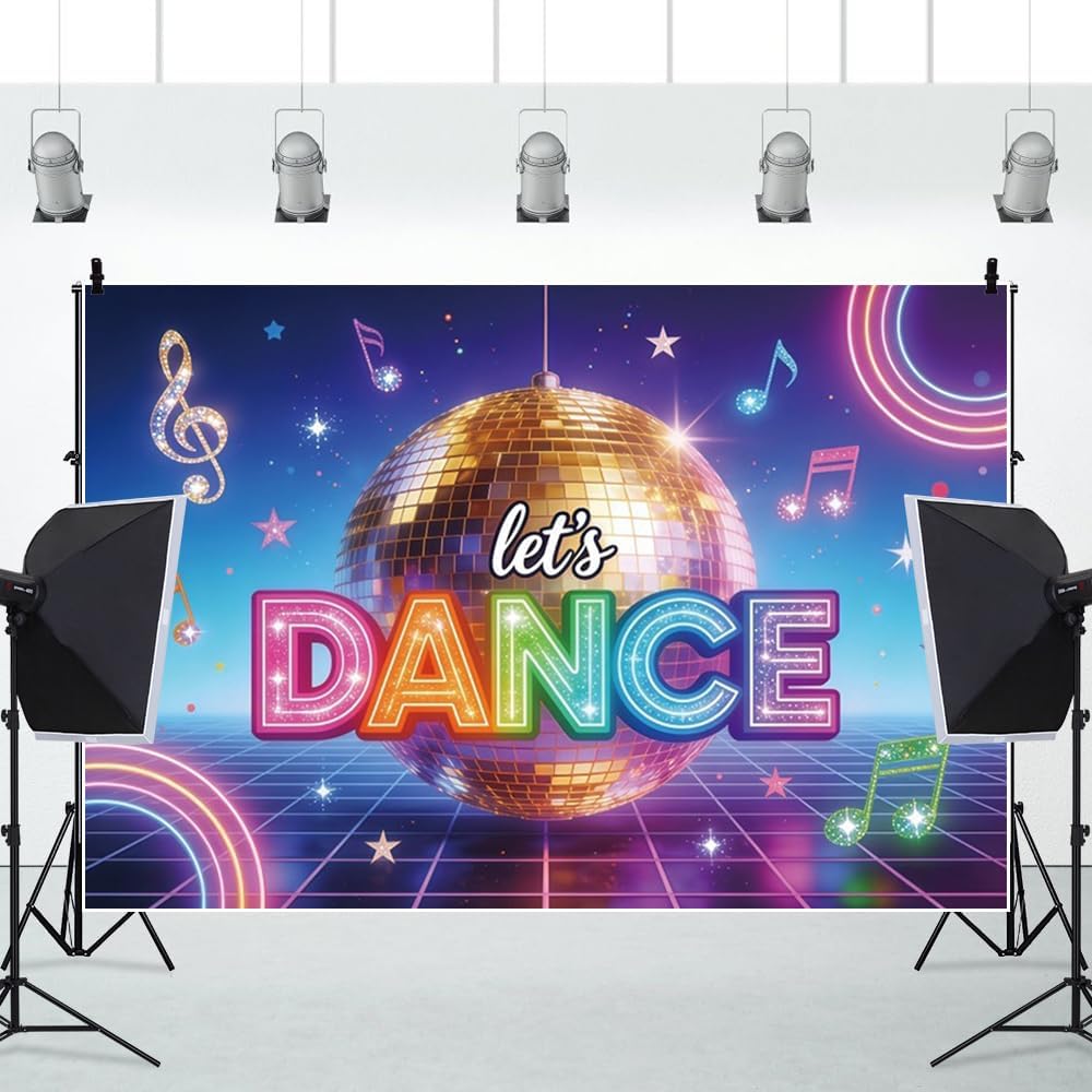 20x10ft Disco Dancing Party Backdrop Let's Dance Retro Disco Ball Retro Photography Background Banner Shining Glow Stage Photo Booth Props for Birthday Party Supplies