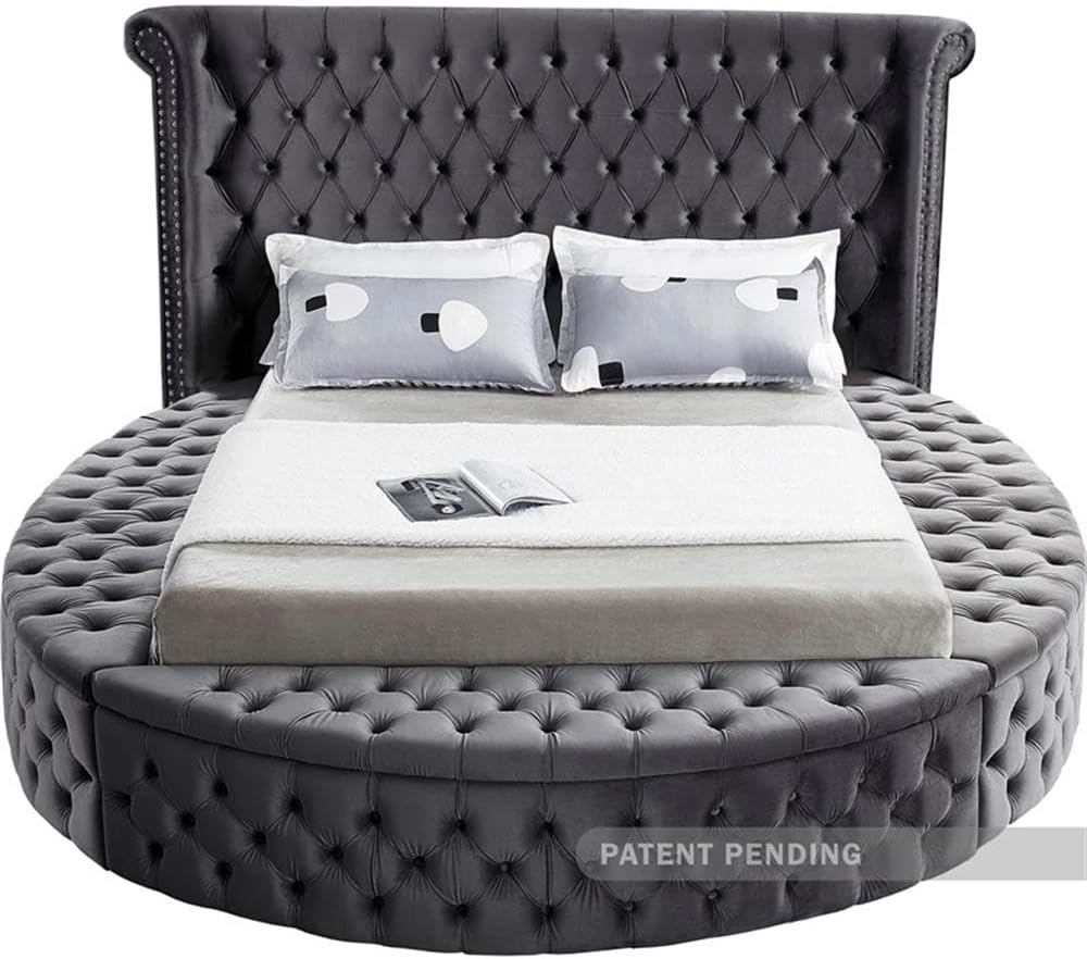 Meridian Furniture Luxus Collection Modern Contemporary Round Shaped Velvet Upholstered Bed with Deep Button Tufting and Footboard Storage, King, Grey