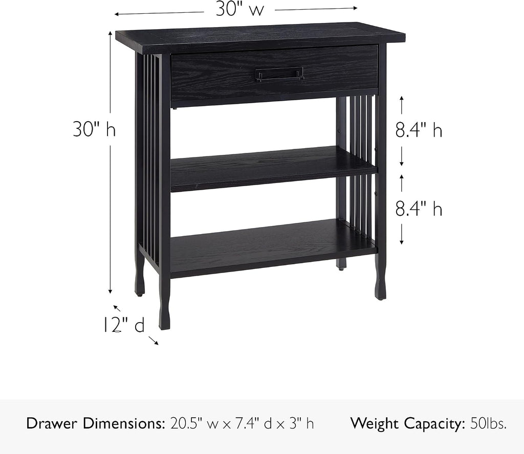 Leick Home Ironcraft Bookshelf, Solid Wood, 1 Drawer, 2 Shelves, Blackened Hardware, Slatted Sides, Easy Assembly, Black Wash, 12 in W x 30 in L x 30 in H, Item 11261-BK