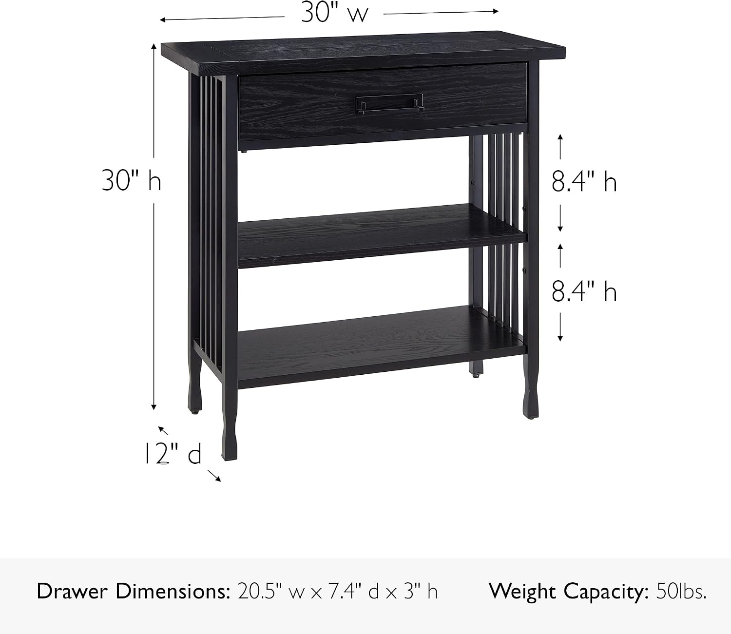 Leick Home Ironcraft Bookshelf, Solid Wood, 1 Drawer, 2 Shelves, Blackened Hardware, Slatted Sides, Easy Assembly, Black Wash, 12 in W x 30 in L x 30 in H, Item 11261-BK