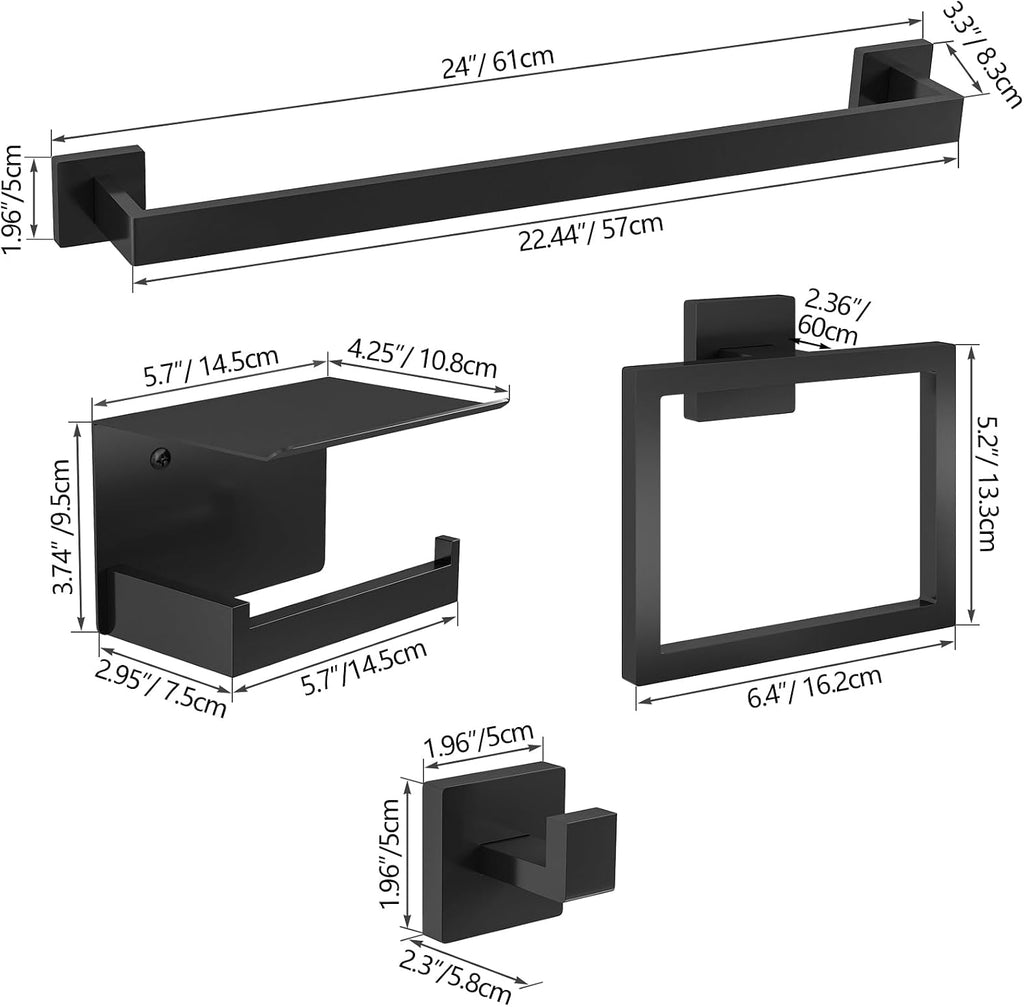 STWWO 20-Pieces Matte Black Bathroom Hardware Set, 24 Inch Bath Towel Bar Set, Stainless Steel Towel Racks for Bathroom Wall Mounted