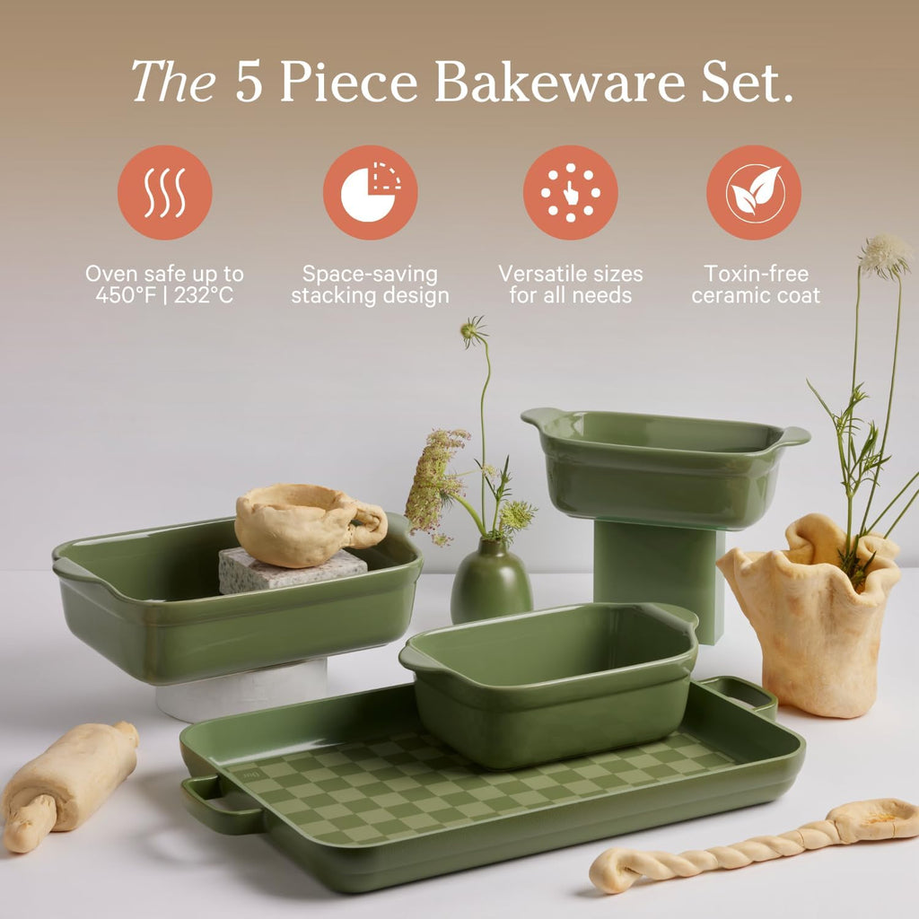 Our Place Bakeware Set | 5-Piece Ceramic Bakeware Collection with Stovetop-to-Oven Griddle Pan | PFAS-Free Non-Toxic Nonstick Pans, Oven Mat & Baking Dishes | Sage