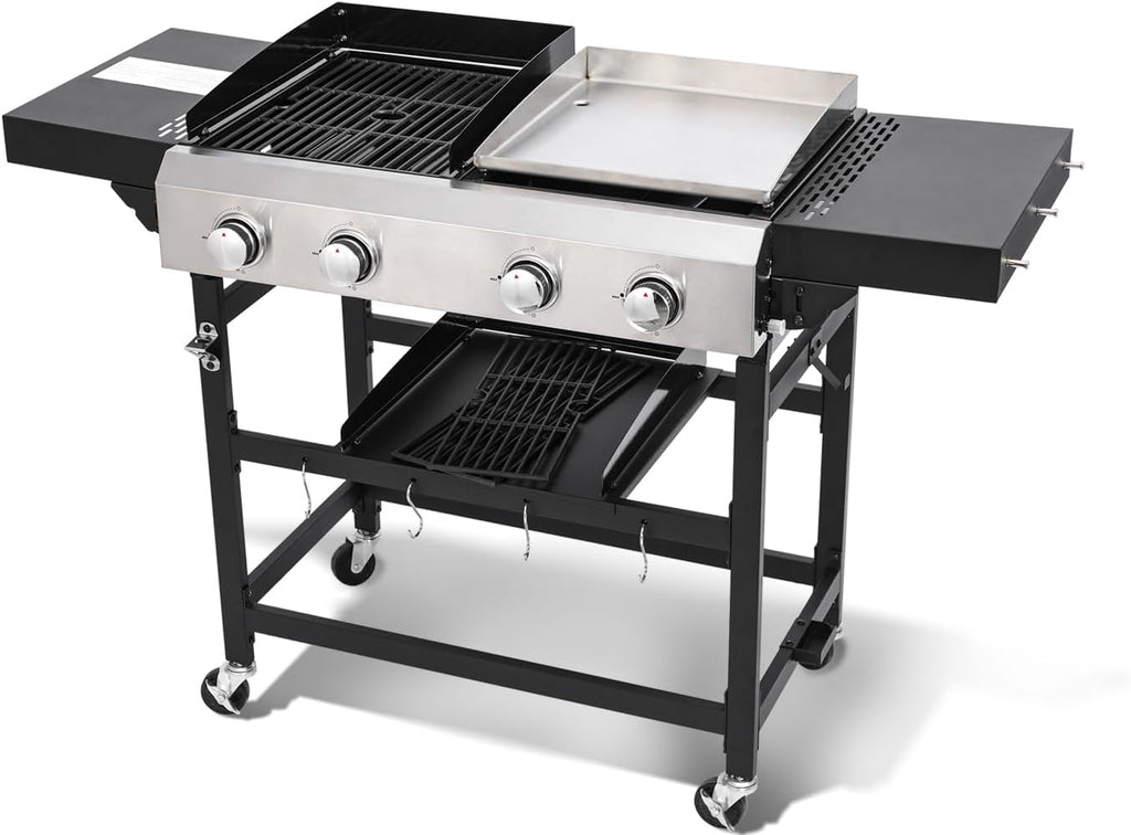 Propane Gas Grill and Griddle Combo, 4 Burner 40,000 BTU Outdoor Cooking Station with 483 Sq. In. Cooking Area, Portable BBQ for Garden Patio Backyard Barbecue