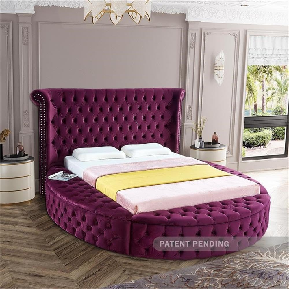 Meridian Furniture LuxusPurple-F Luxus Collection Modern | Contemporary Round Shaped Velvet Upholstered Bed with Deep Button Tufting and Footboard Storage, 87' W x 93.5' D x 56' H, Purple, Full