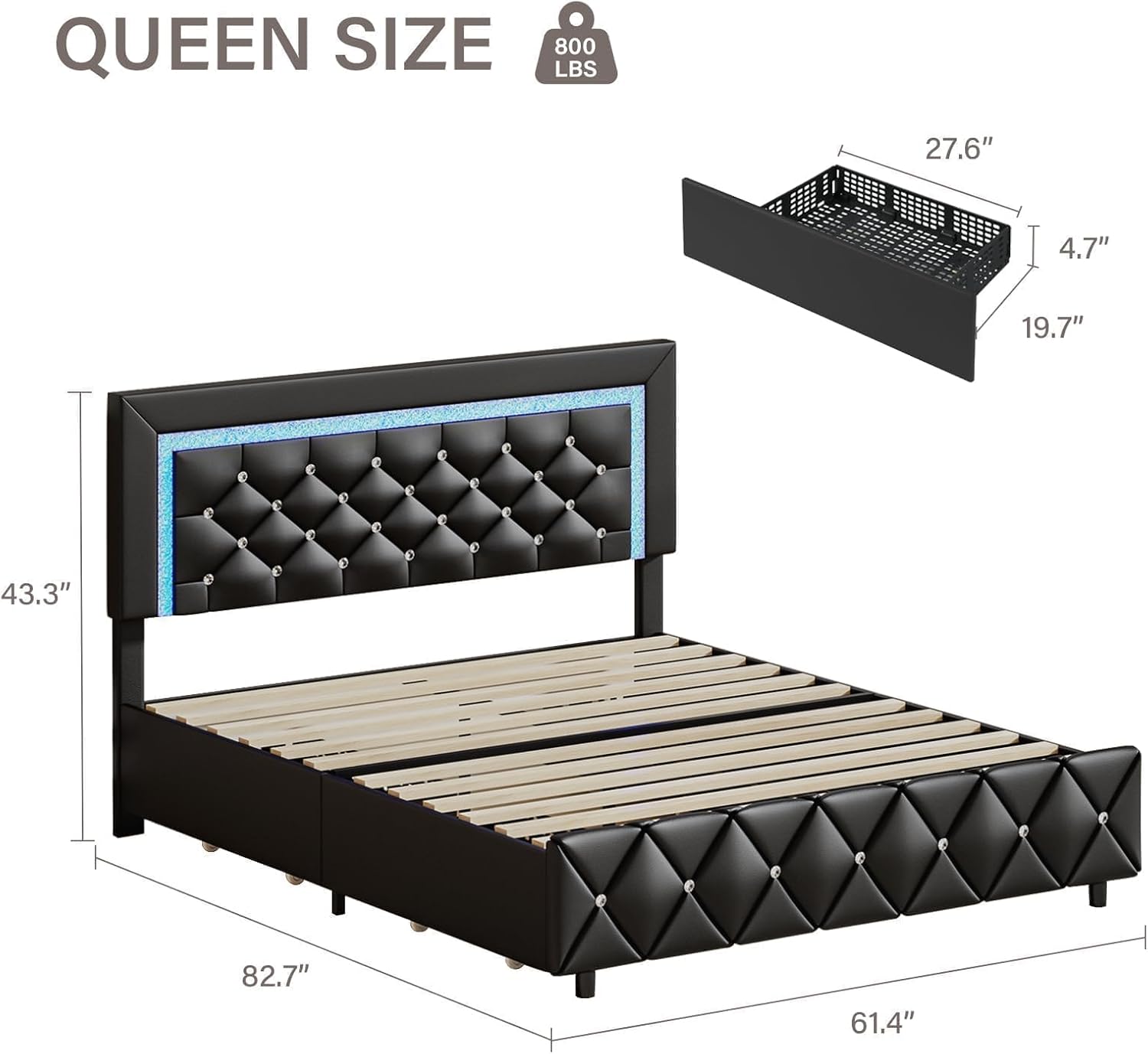 BarnFurin Queen Bed Frame with LED Lights, Upholstered Bed Frame with Storage Drawers, Modern Platform Bed with Diamond Headboard and Footboard, No Box Spring Needed, Black