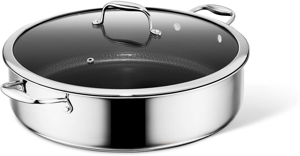 HexClad Hybrid Nonstick 10-Quart Deep Sauté Pan with Tempered Glass Lid, Stay-Cool Handle, Dishwasher-Friendly, Oven-Safe Up to 900°F, Induction Ready, Compatible with All Cooktops