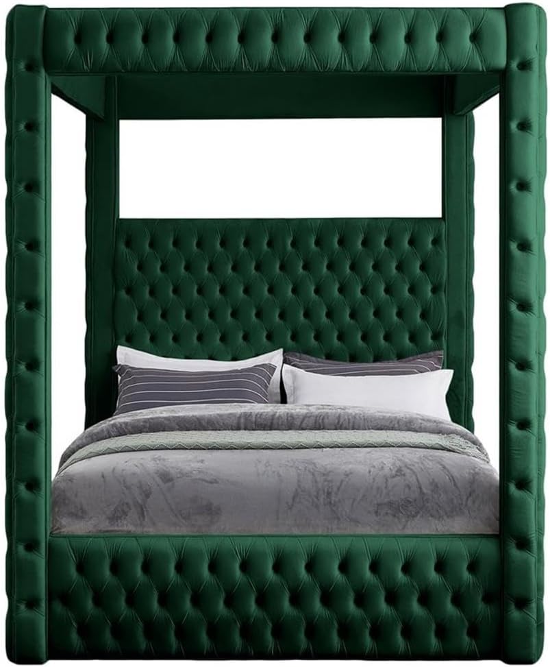 Meridian Furniture RoyalGreen-Q Royal Collection Modern | Contemporary Velvet Upholstered Queen Bed with Soft Green Velvet, Deep Elegant Tufting, Canopy, 70.5' W x 89' D x 87' H, Green, Queen