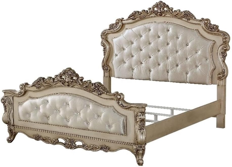 Acme Gorsedd Tufted Queen Panel Bed in Cream Fabric and Golden Ivory