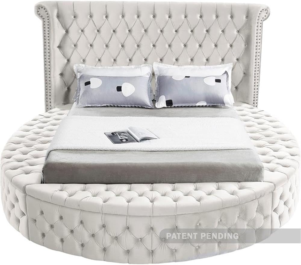 Meridian Furniture Luxus Collection Modern | Contemporary Round Shaped Velvet Upholstered Bed with Deep Button Tufting and Footboard Storage, King, Cream