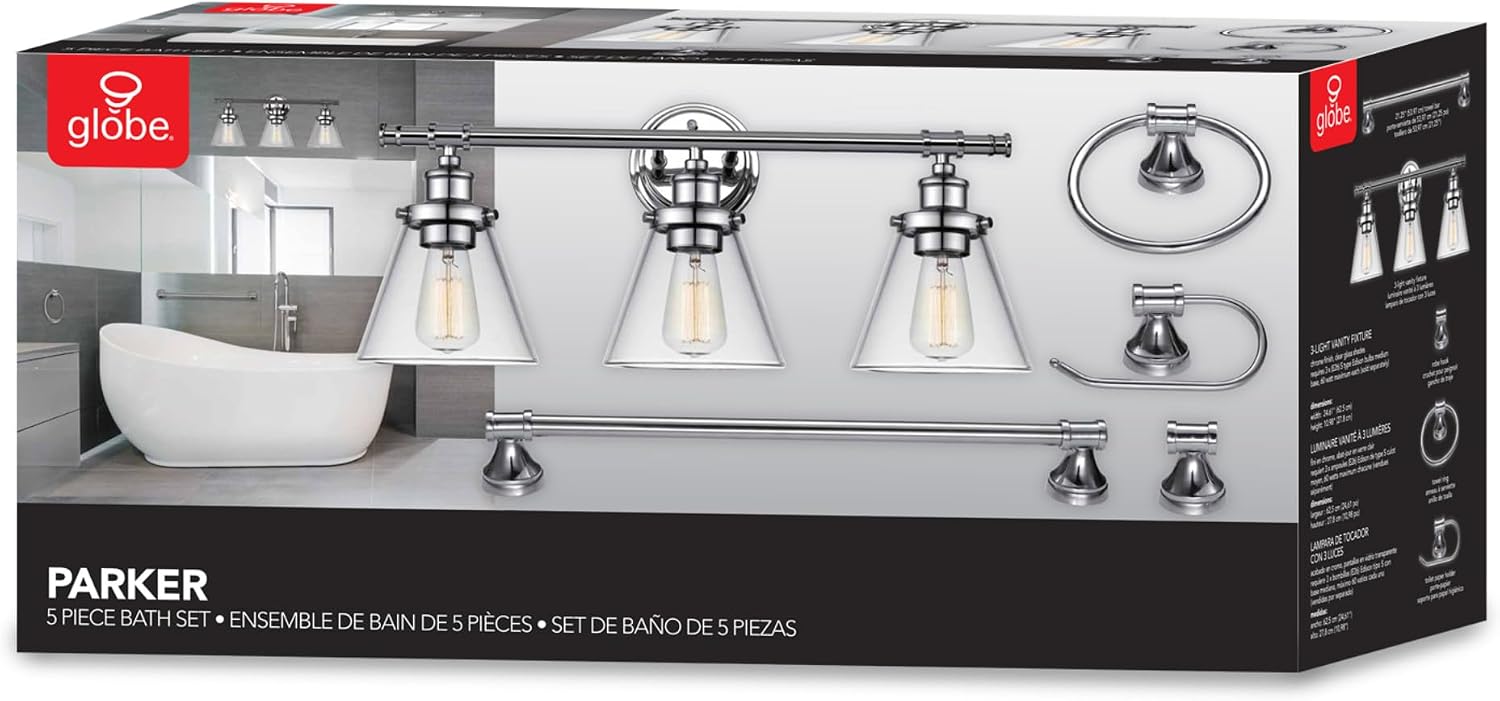 Globe Electric 51234 5-Piece All-in-One Bathroom Set, Chrome, 23' 3-Light Vanity Wall Light with Clear Glass Shades, Towel Bar and Ring, Robe Hook, Toilet Paper Holder, Beauty Room Accessories