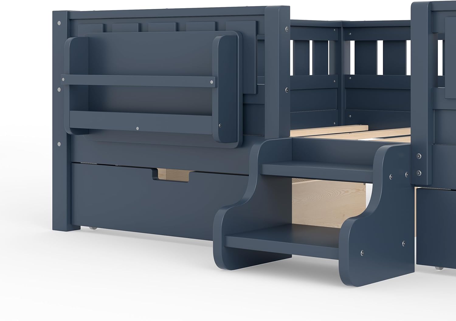 Bellemave Queen Size Bed with Slats and Stairs, Queen Size Platform Bed Frame with Fence, Bookshelf and Storage Drawers, Easy Assemble Beds for Girls, Boys, Blue