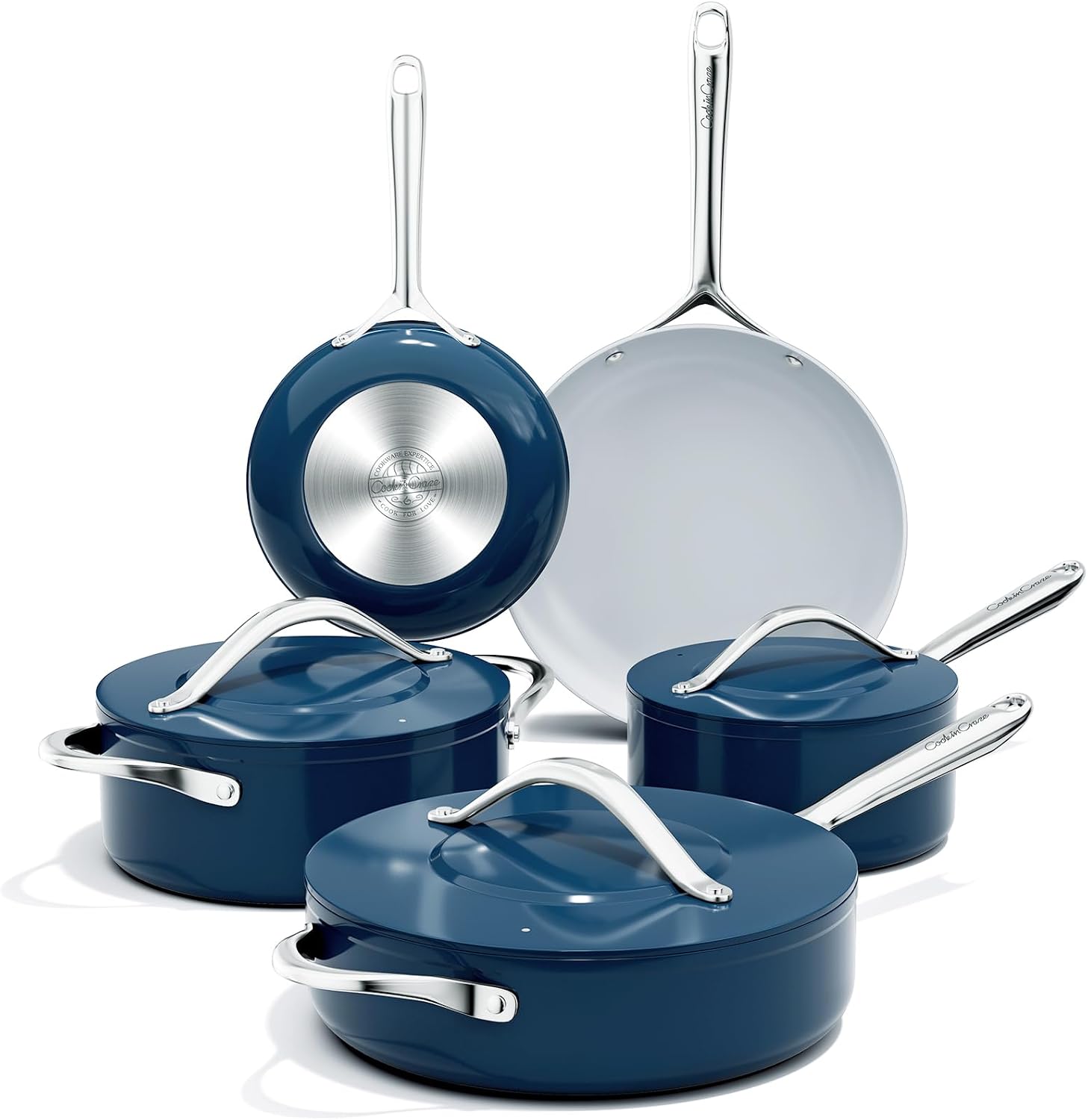 CookinCraze Ceramic Cookware Set 8 Pieces Nonstick Pots and Pans Set with Lid PFAS-Free Non Toxic Cookware, Induction Compatible, Oven Safe, Quick & Even Heat Distribution, Navy Blue