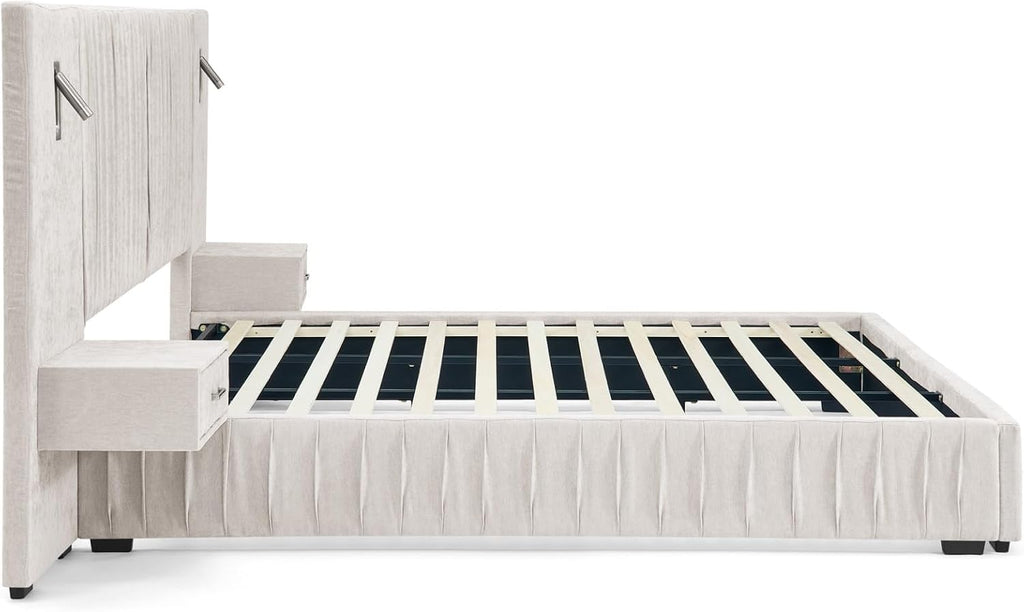 KEIKI King Size Chenille Bed Frame with 2 Nightstands, Lamps & Oversize Headboard, Solid Wood Frame Platform Night Stand Bedroom Set, Upholstered Floor Grounded Bed, No Box Spring Needed, Beige