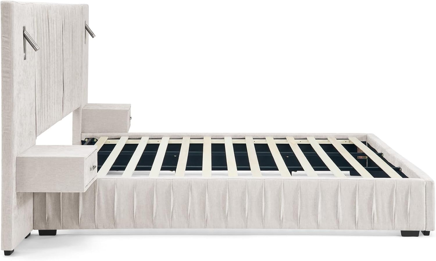 KEIKI King Size Chenille Bed Frame with 2 Nightstands, Lamps & Oversize Headboard, Solid Wood Frame Platform Night Stand Bedroom Set, Upholstered Floor Grounded Bed, No Box Spring Needed, Beige