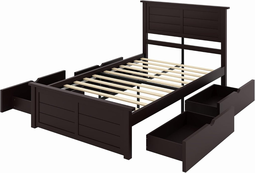 AMERLIFE Twin Bed Frame with Headboard, Platform Beds with 4 Storage Drawers, Wood Bed Frame for Bedroom, Wood Slats Support, Espresso