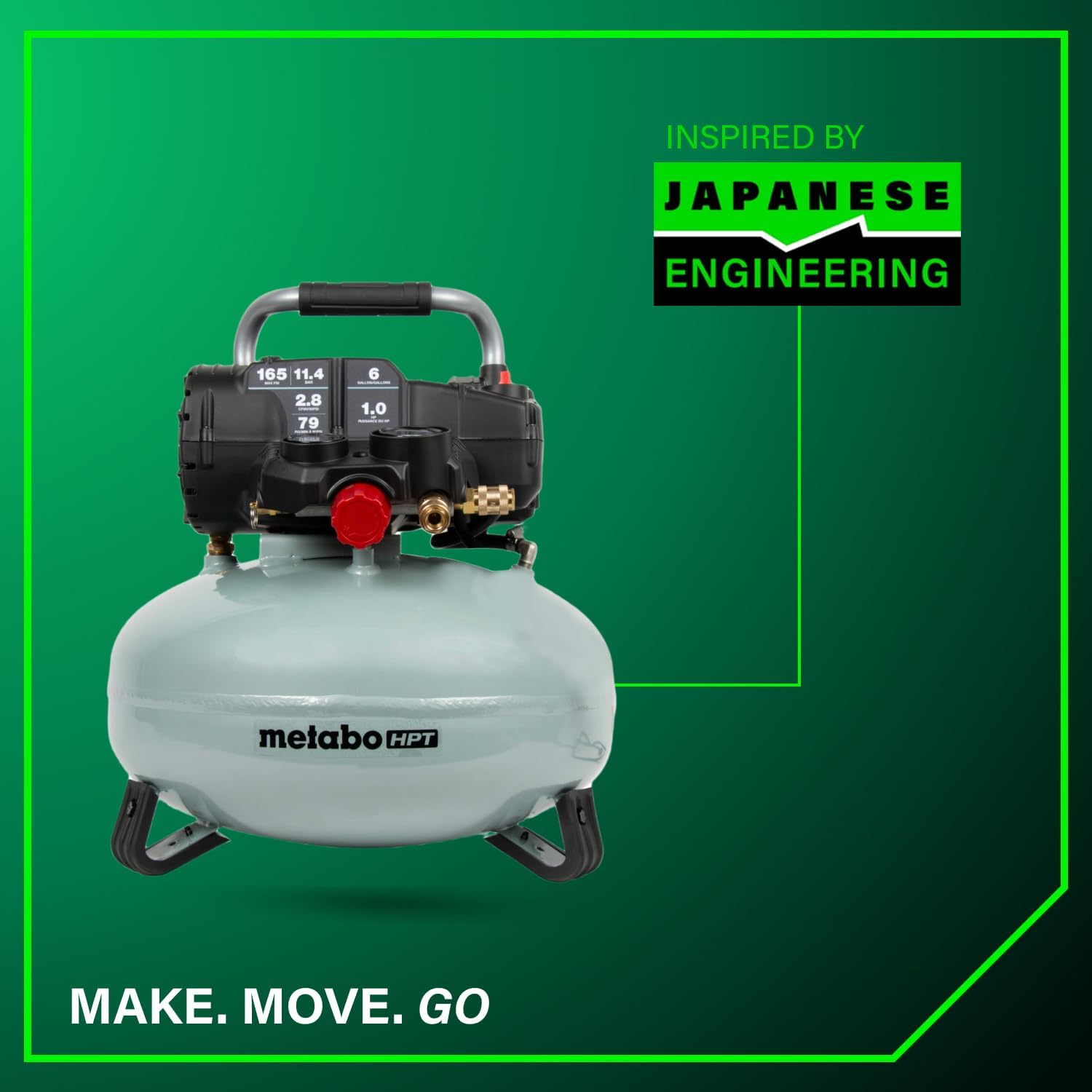 Metabo HPT Pancake Air Compressor, 6-Gallon 165PSI, Portable Air Compressor with 1.0 HP Oil-Free High Efficiency Motor, Lihghtweight, Quick Couplers for Fast Tool Changes, EC711S
