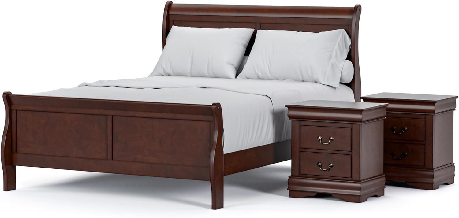 Furniture of America Louis Philippe Traditional Solid Wood 3 Piece Bedroom Set, Queen Bed Frame and Nightstands Set of 2, Sleigh Design Bedframe with Headboard and Footboard, Box Spring Needed, Cherry