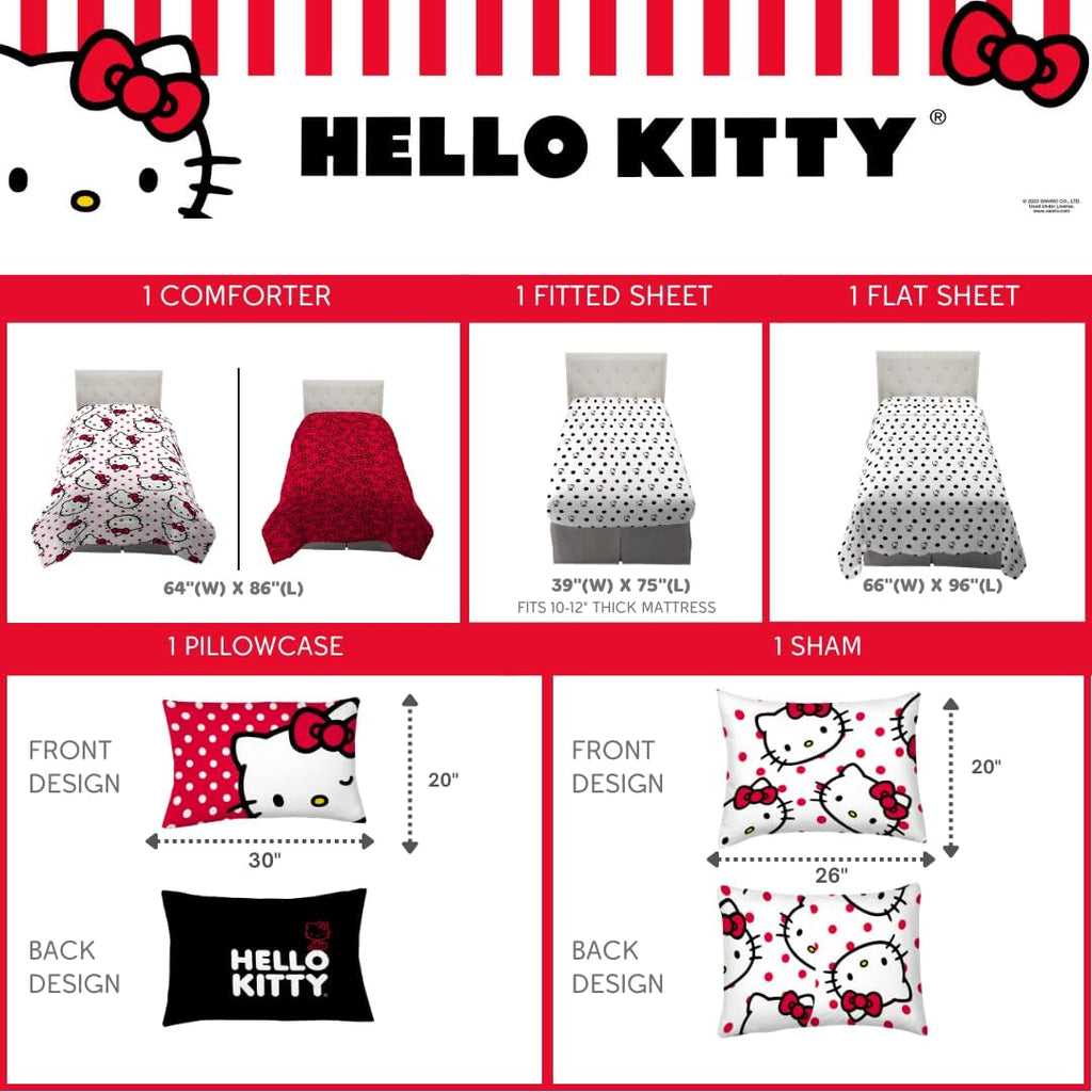 Hello Kitty Polka Dot Bedding 5 Piece Super Soft Comforter and Sheet Set with Sham, Twin, (Officially Licensed Product) by Franco Collectibles