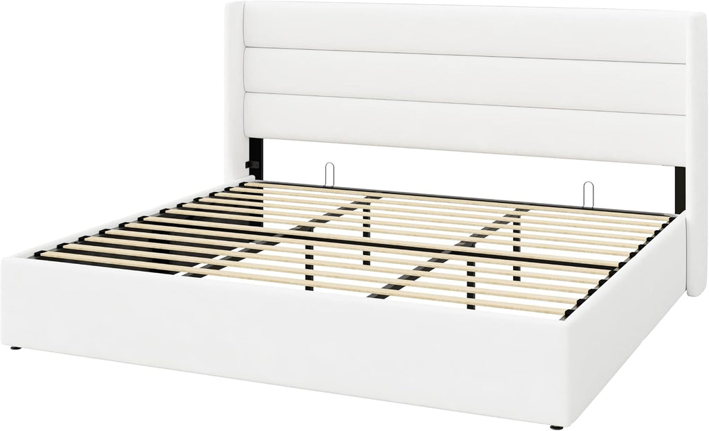 SHA CERLIN King Size Lift Up Storage Bed/Velvet Upholstered/Modern Wingback Headboard/Upholstered Platform Bed Frame/Hydraulic Storage/No Box Spring Needed/White