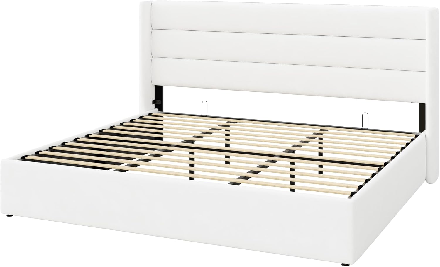 SHA CERLIN King Size Lift Up Storage Bed/Velvet Upholstered/Modern Wingback Headboard/Upholstered Platform Bed Frame/Hydraulic Storage/No Box Spring Needed/White