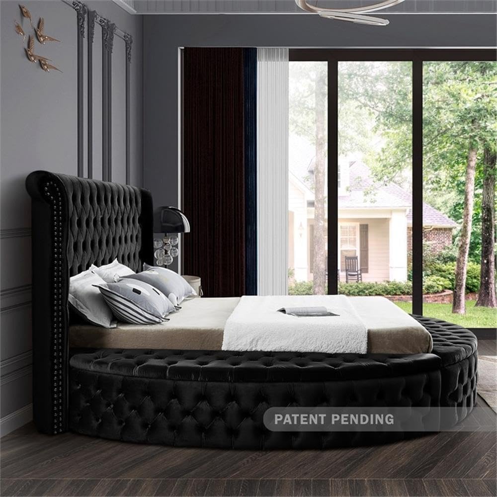 Meridian Furniture Luxus Collection Modern | Contemporary Round Shaped Velvet Upholstered Bed with Deep Button Tufting and Footboard Storage, King, Black