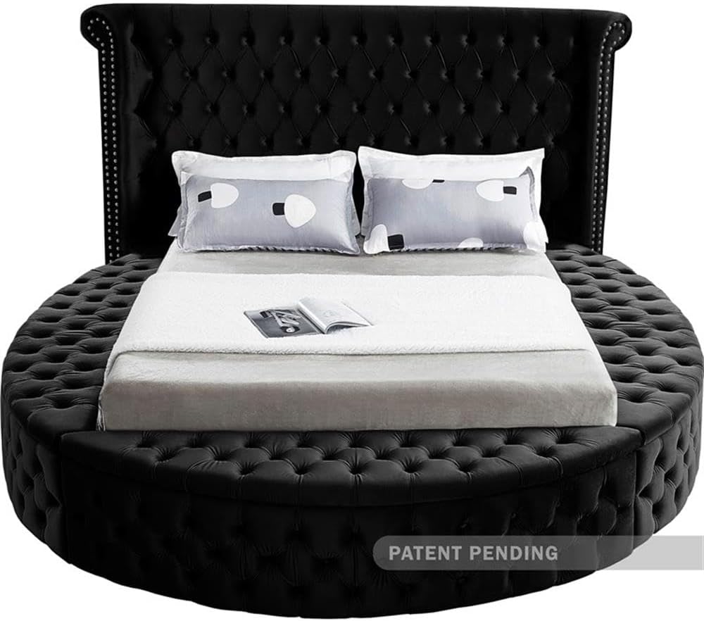 Meridian Furniture Luxus Collection Modern | Contemporary Round Shaped Velvet Upholstered Bed with Deep Button Tufting and Footboard Storage, King, Black