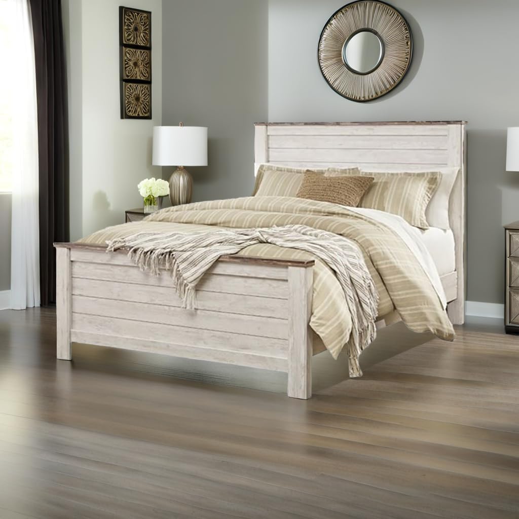 BOWERY HILL Queen Size Panel Bed with Headboard, Footboard in Wood, in White, No Box Spring Needed, Easy Assembly
