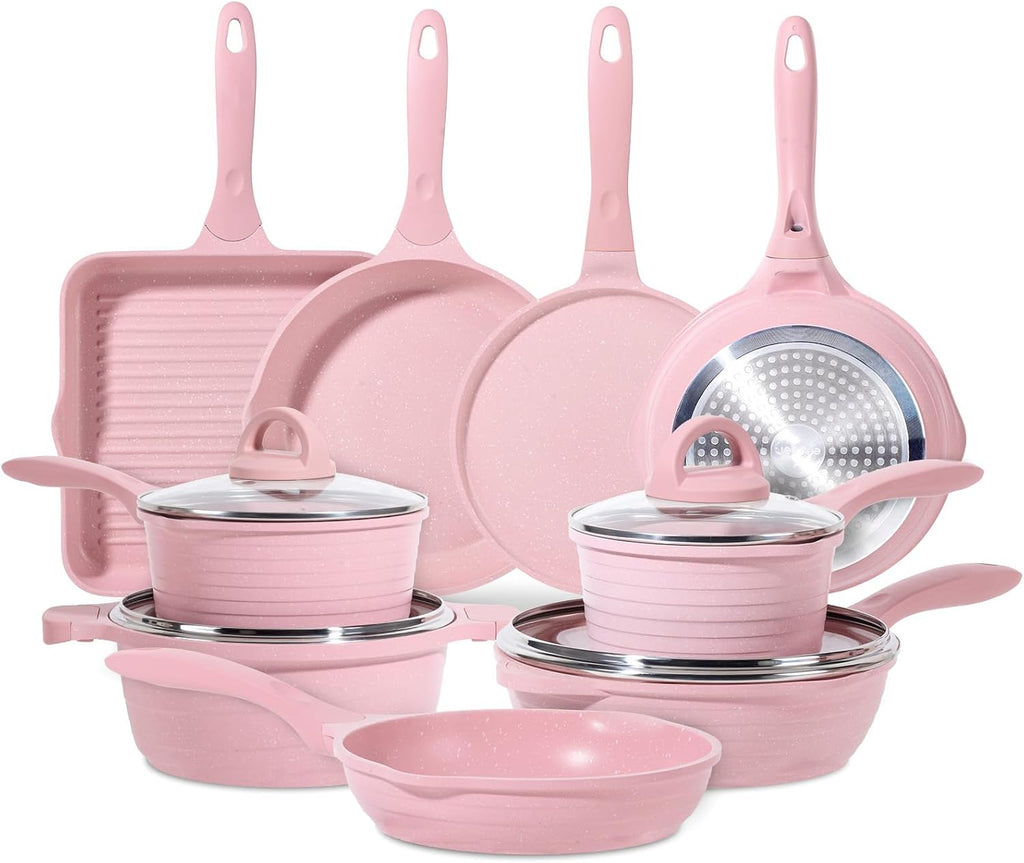JEETEE Pink Pots and Pans Set Nonstick 23pcs, Healthy Kitchen Cookware Sets, Induction Cooking Set Pink Frying Pans, Saucepans, Sauté & Griddle & Crepe Pan (PFOA & PFAS Free)