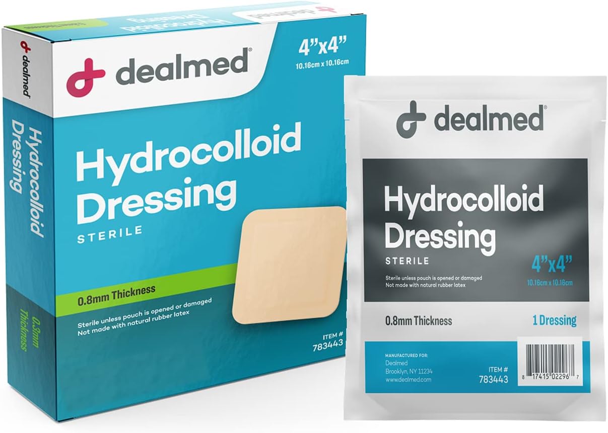 Dealmed Hydrocolloid Dressings–4' x 4' Standard Thickness Hydrocolloid Bandages, Wound Care Products for First Aid Kits, Box of 10, 24 Per Case and Individually Packed