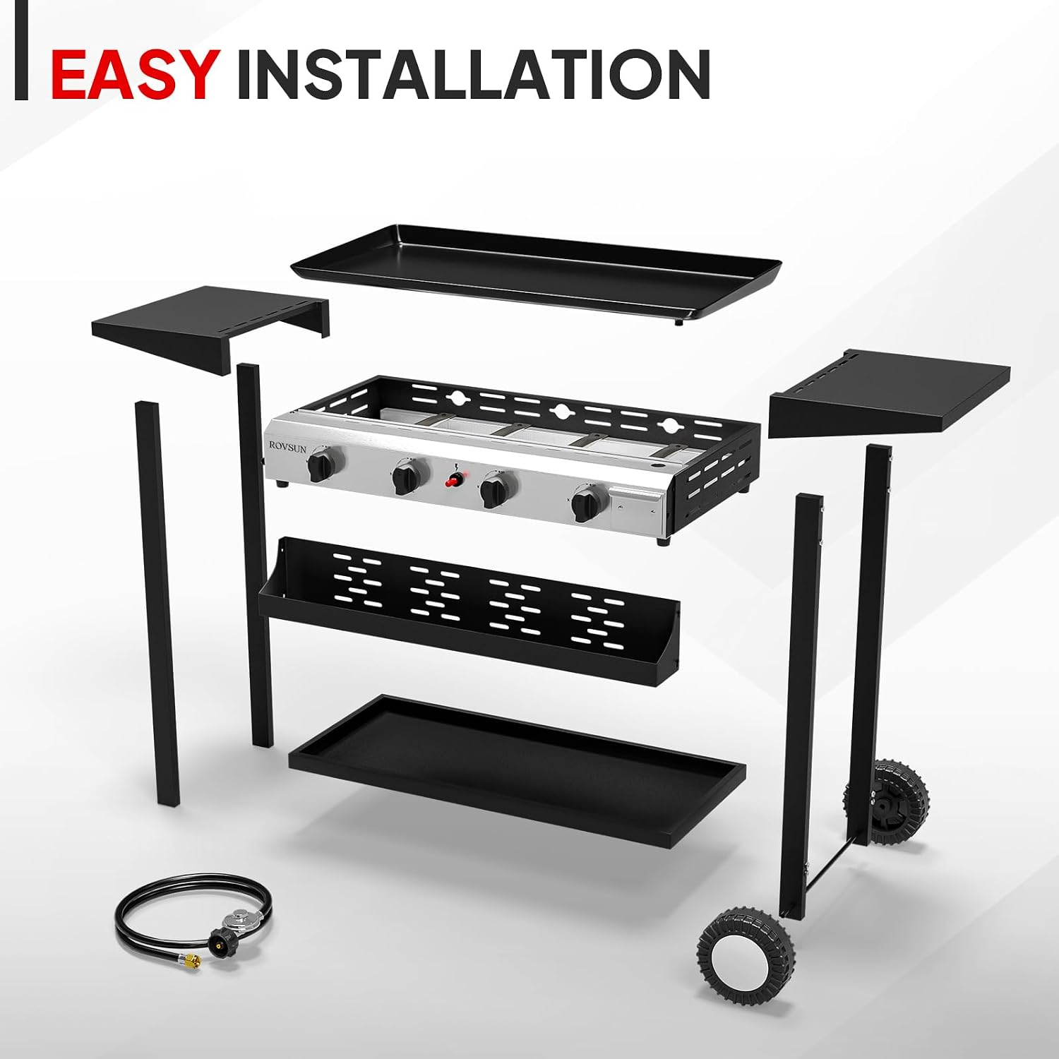 Bonnlo 4 Burner Portable Propane Griddle, 40,000BTU Gas Grill with Enameled Tray, Rolling Flat Top Grill with Electronic Ignition, Side Shelve & Regulator, Ideal for Outdoor Patio Cooking BBQ
