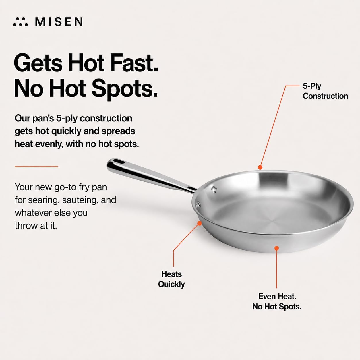 Misen 5-Ply Stainless Steel 10' Frying Pan - Professional Cookware for Induction, Gas and Electric - Dishwasher Safe, Oven Safe to 800°F - Durable, Versatile, Even Heating