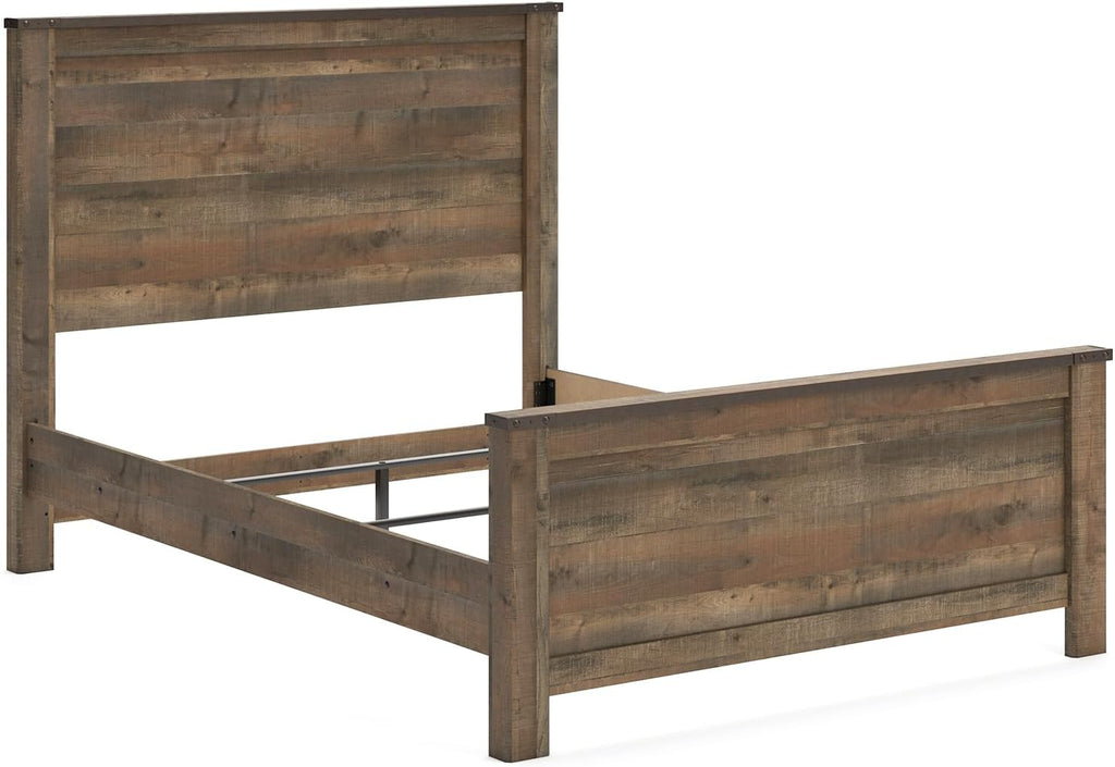 Signature Design by Ashley Trinell Casual Queen Panel Bed with Metal Slats and Nailheads, Foundation or Box Spring Needed, Dark Brown