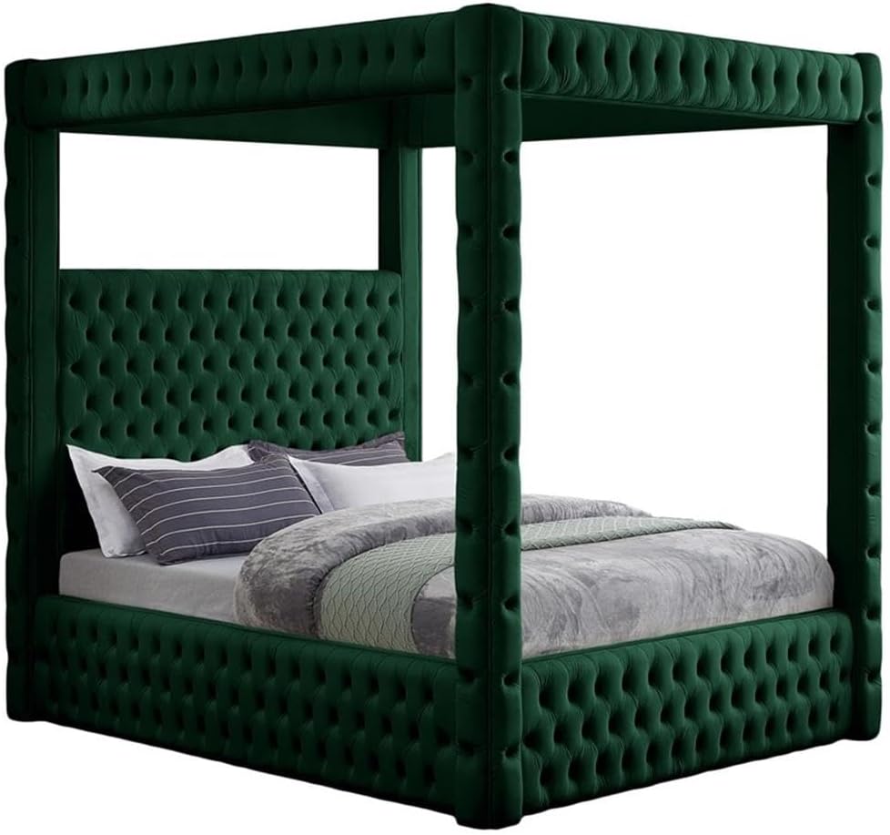Meridian Furniture RoyalGreen-Q Royal Collection Modern | Contemporary Velvet Upholstered Queen Bed with Soft Green Velvet, Deep Elegant Tufting, Canopy, 70.5' W x 89' D x 87' H, Green, Queen