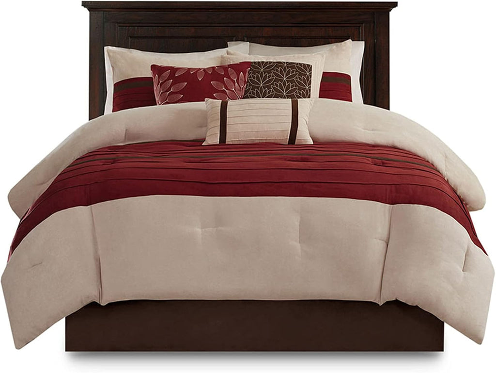Madison Park Cozy Comforter Set-Luxury Faux Suede Design, Striped Accent, All Season Down Alternative Bedding, Matching Shams, Decorative Pillow, Red, California King (104 in x 92 in)