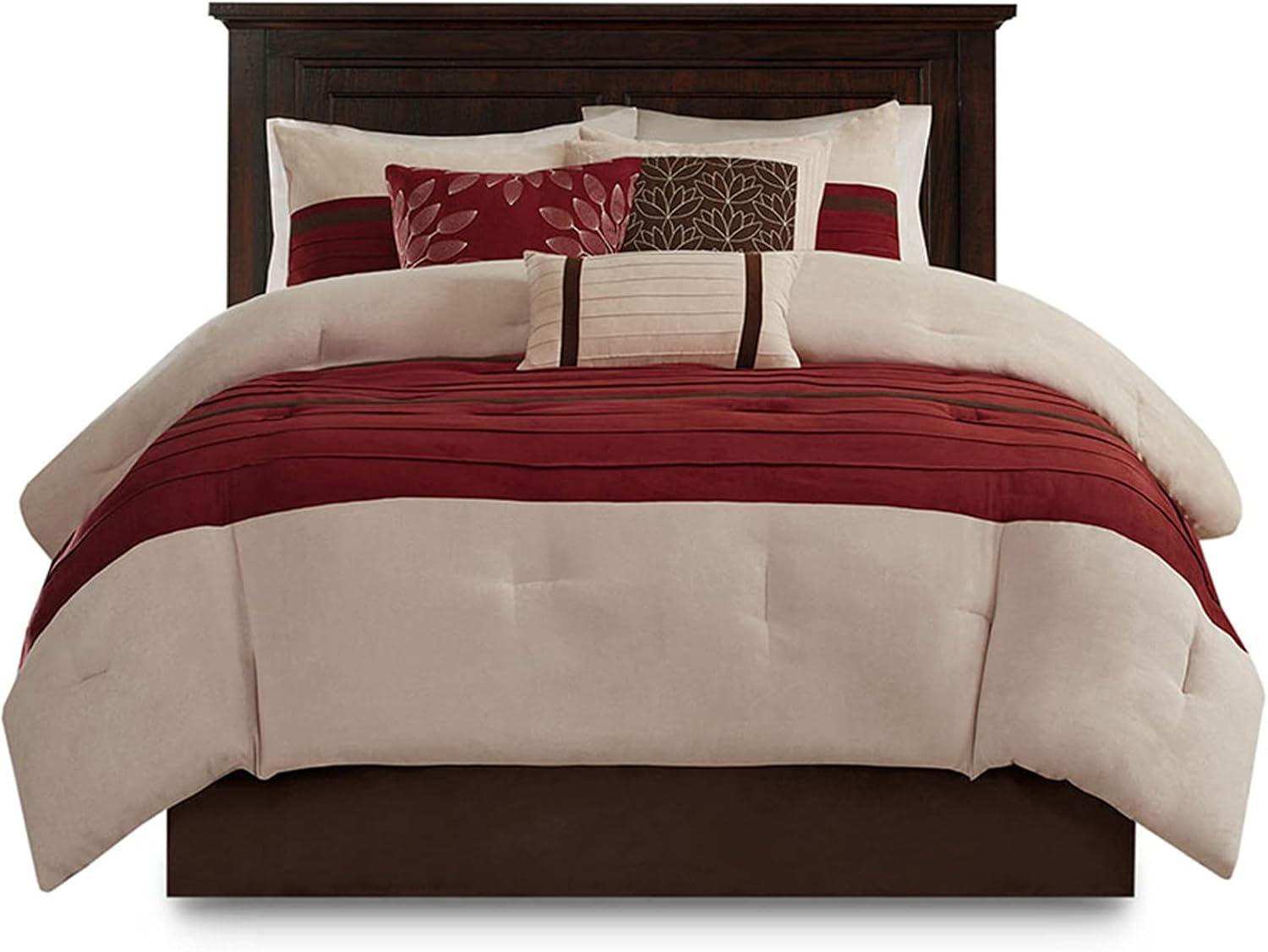 Madison Park Cozy Comforter Set-Luxury Faux Suede Design, Striped Accent, All Season Down Alternative Bedding, Matching Shams, Decorative Pillow, Red, California King (104 in x 92 in)