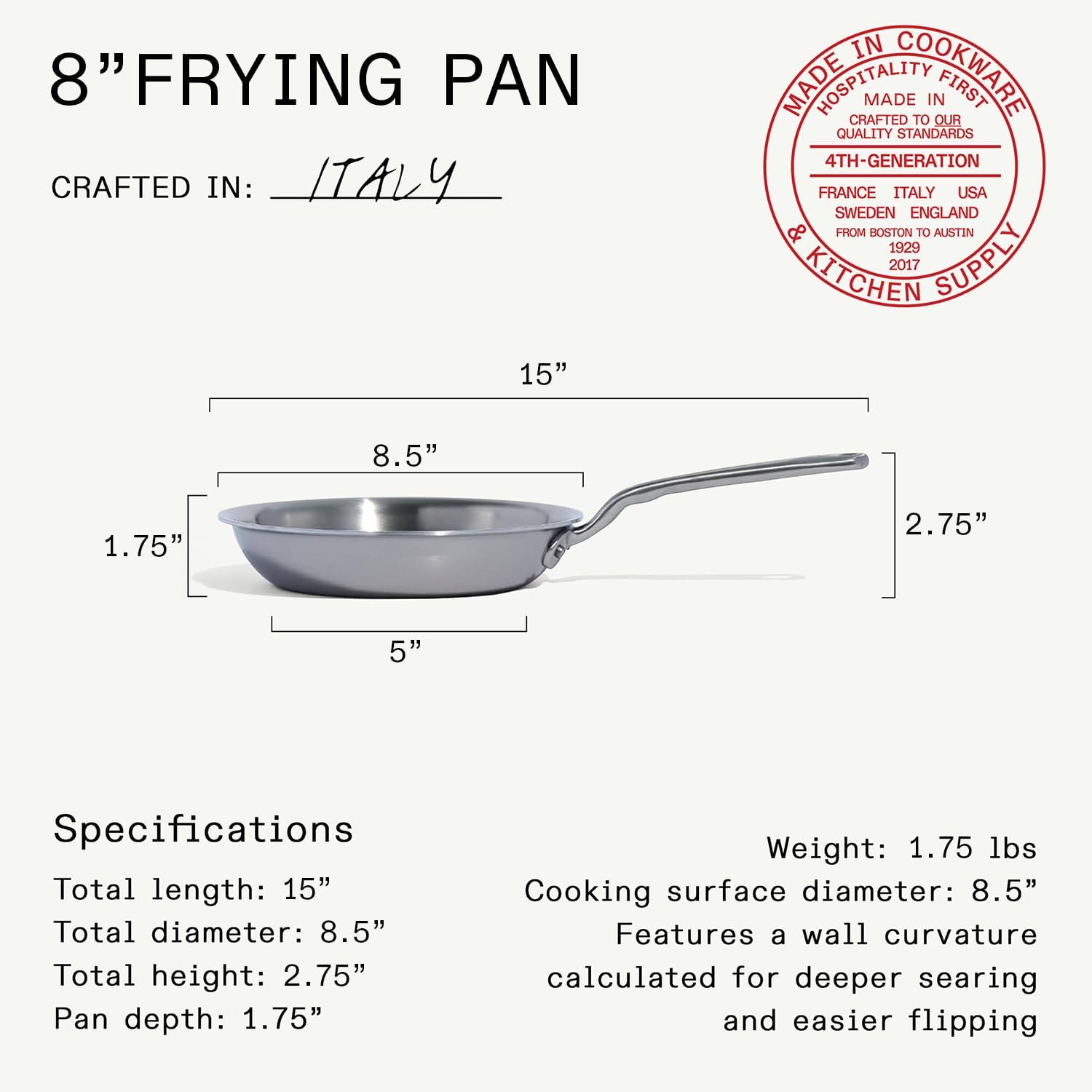 Made In Cookware - 8-Inch Stainless Steel Frying Pan - 5 Ply Stainless Clad - Professional Cookware - Crafted in Italy - Induction Compatible