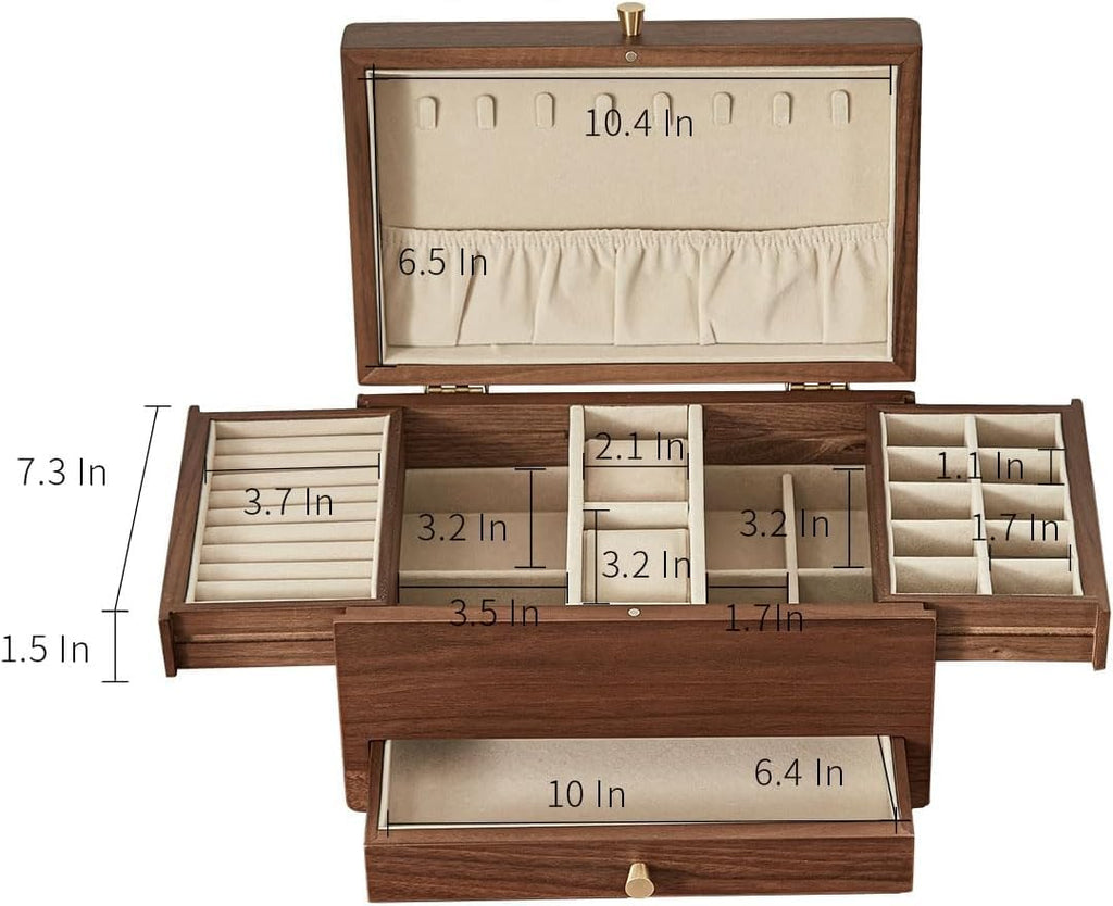 Wooden Jewelry Box for Women, 3 Level Multi-functional Drawers Black Walnut Jewelry Organizer Box, Watch, Necklace, Ring, Earring Storage - Mothers Day Gifts for Mom (No Mirror)