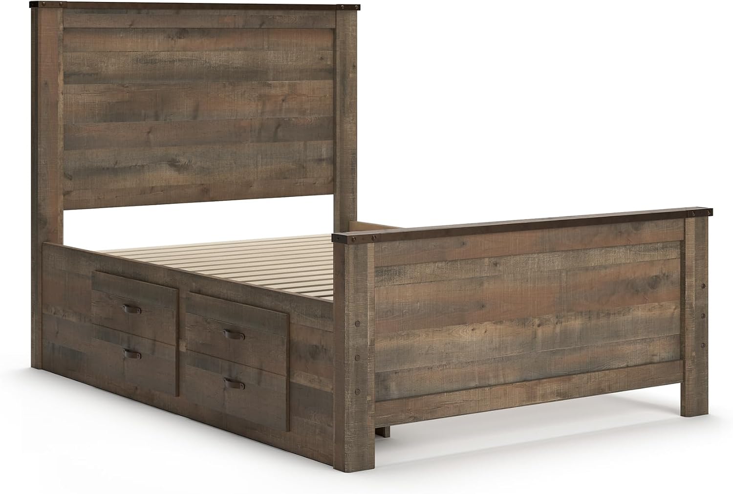 Signature Design by Ashley Trinell Casual Full Panel Platform Bed with 2 Storage Drawers and Nailheads, Foundation or Box Spring Not Needed, Dark Brown