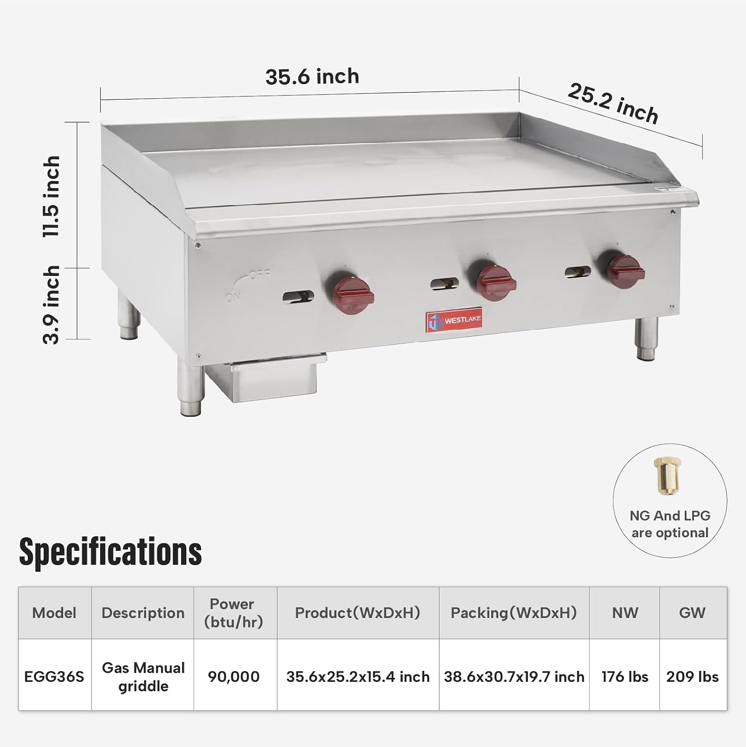 WESTLAKE 36'W Commercial Gas Griddle Countertop Natural Gas and Propane Griddle with 3 Burners 90000 BTU, Stainless Steel Plate Grill for Restaurants