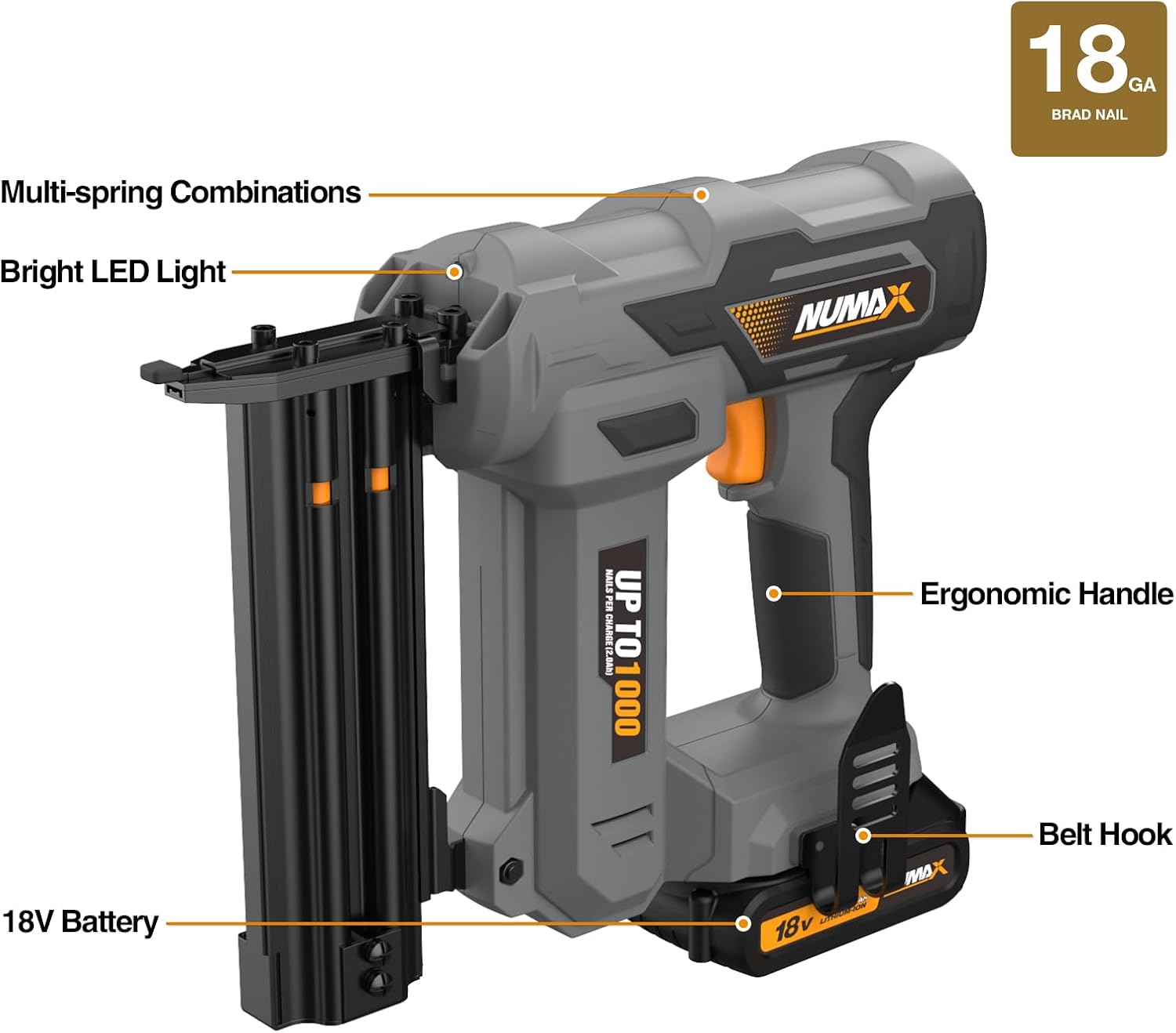 NuMax 18V Cordless Brad Nailer,18 Gauge Brad Nail Gun with Battery, Charger & 500 Nails | Drives 1000 Shots Per Charge | Compatible with 3/8'–2' Brad Nails | S18VBR50