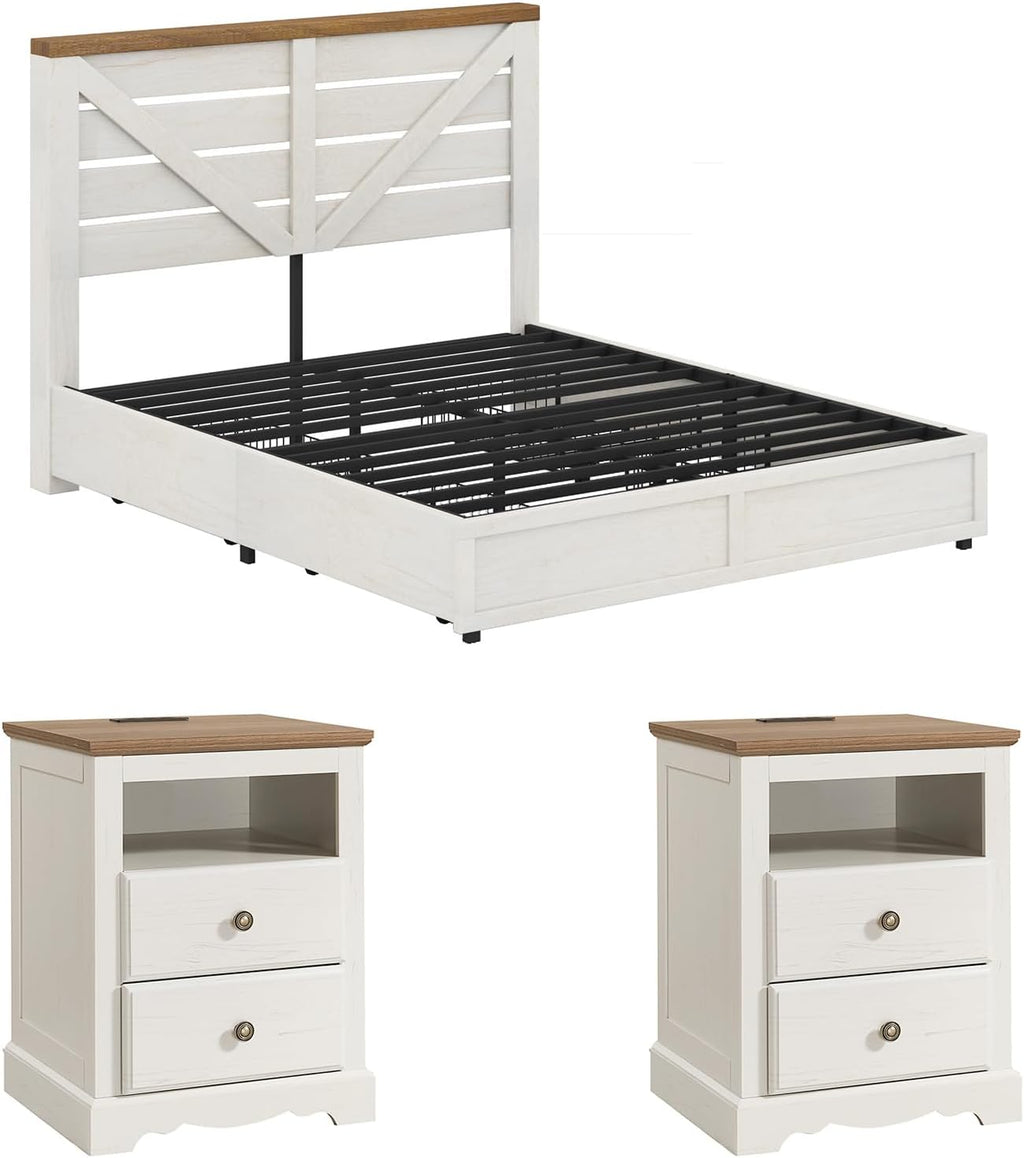 AMERLIFE 3 Piece Bedroom Set Including Farmhouse Full Size Bed Frame with 4 Drawers, Nightstands Set of 2 with Charging Station for Bedroom, White