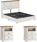AMERLIFE 3 Piece Bedroom Set Including Farmhouse Full Size Bed Frame with 4 Drawers, Nightstands Set of 2 with Charging Station for Bedroom, White