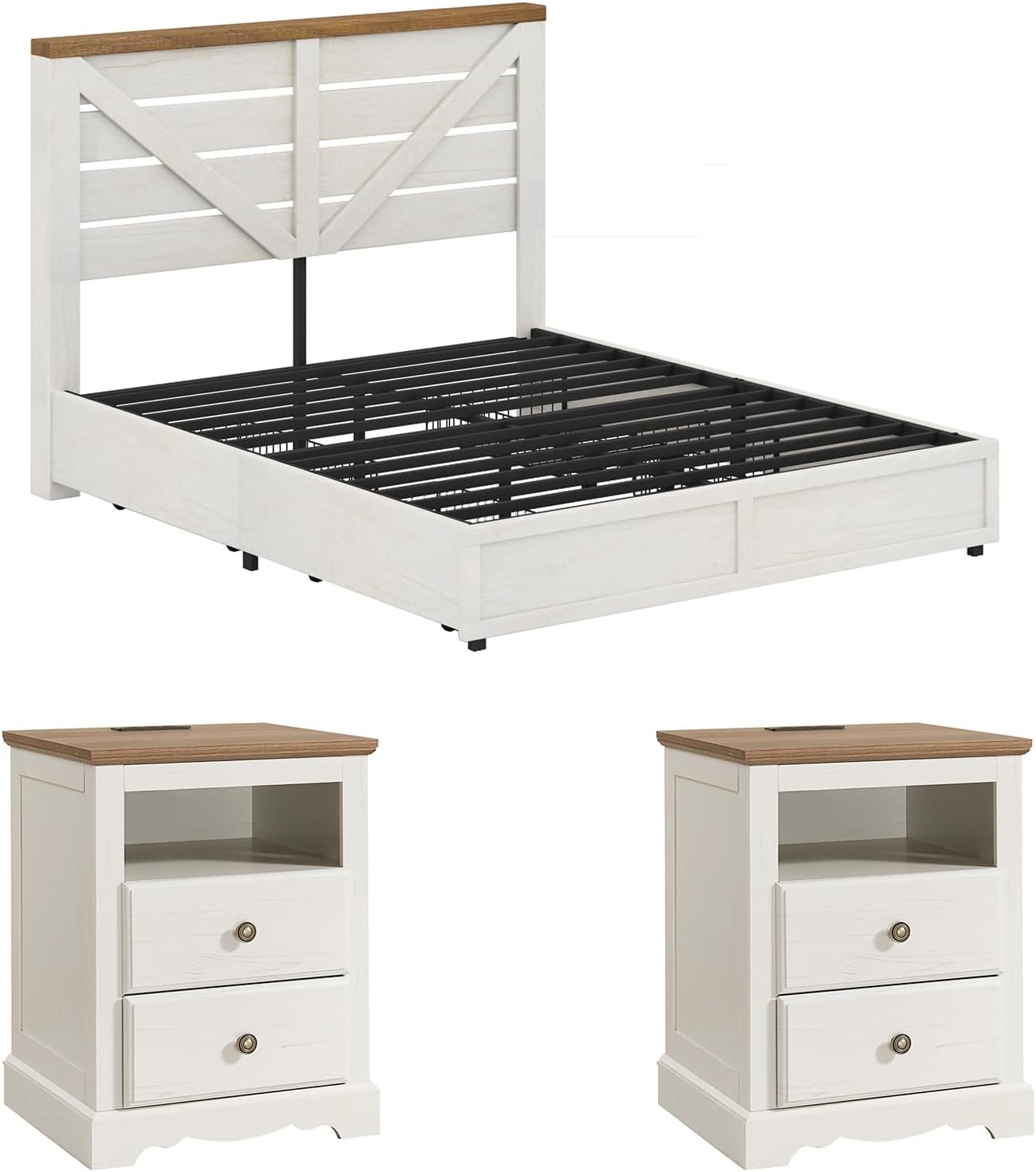 AMERLIFE 3 Piece Bedroom Set Including Farmhouse Full Size Bed Frame with 4 Drawers, Nightstands Set of 2 with Charging Station for Bedroom, White